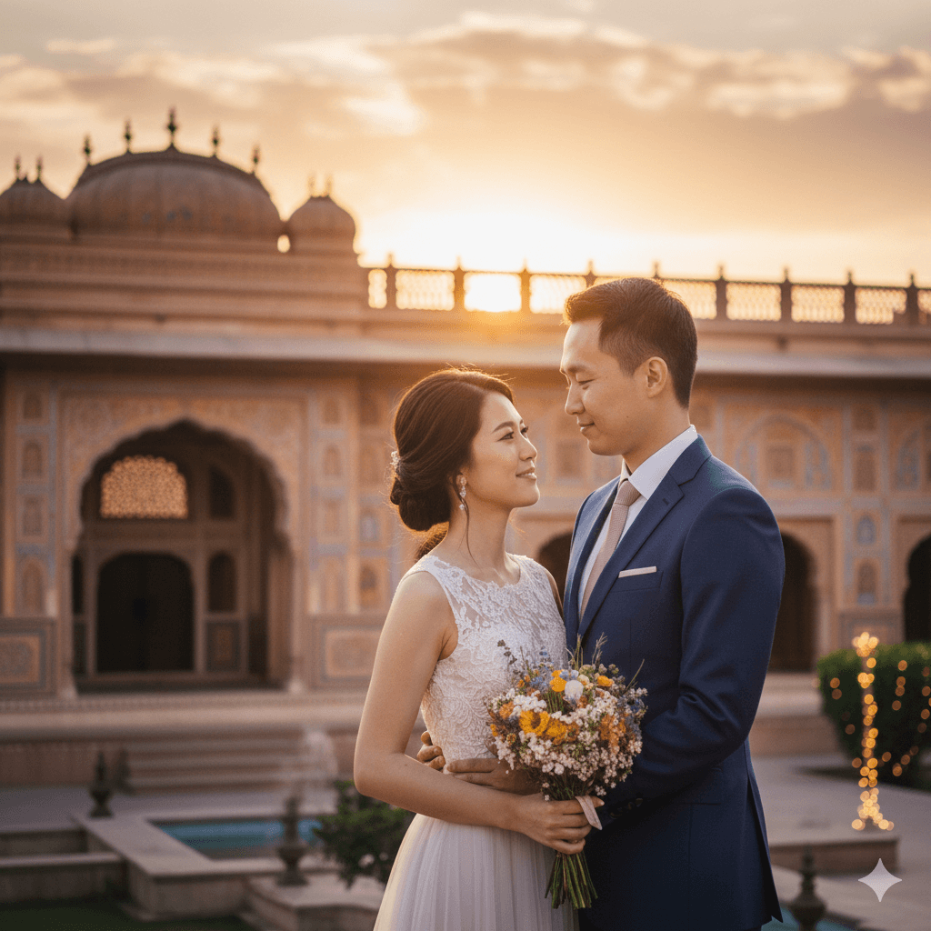 A couple photographed in front of a palace at sunset